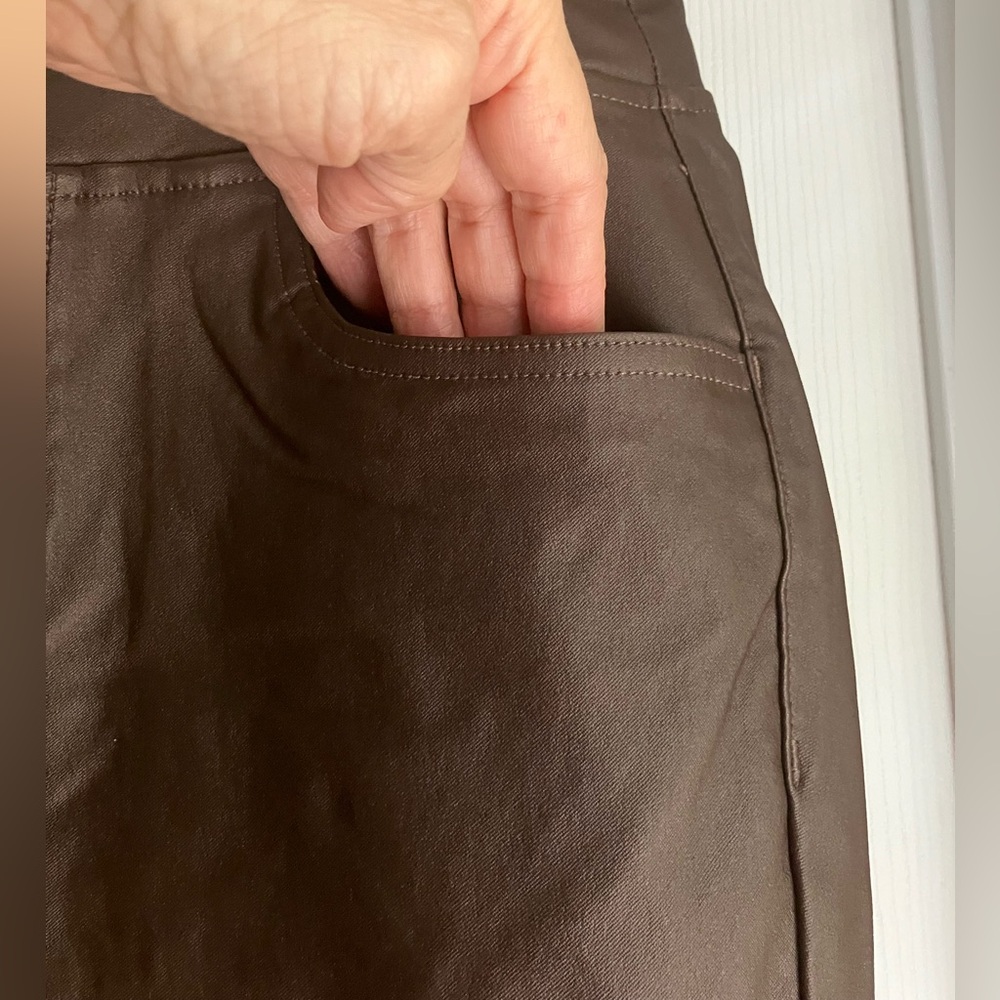 BELLE by KIM GRAVEL brown faux leather slacks pants pull on straight leg 6 - Picture 6 of 12